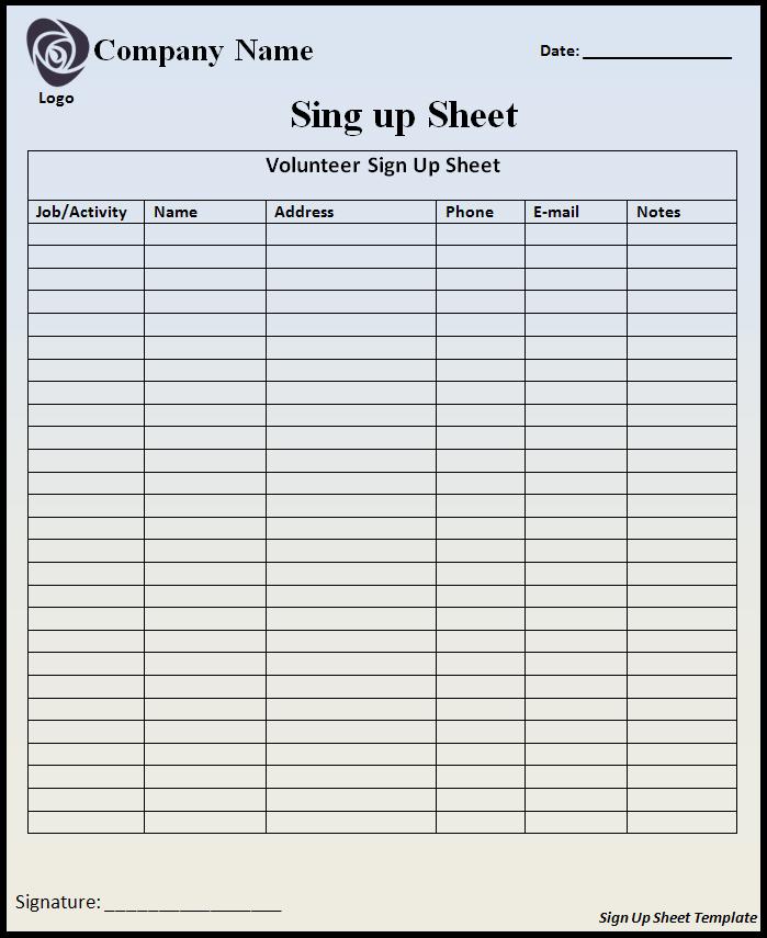 Printable Template Free Sign Up Sheet