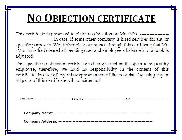No Objection Certificate Template