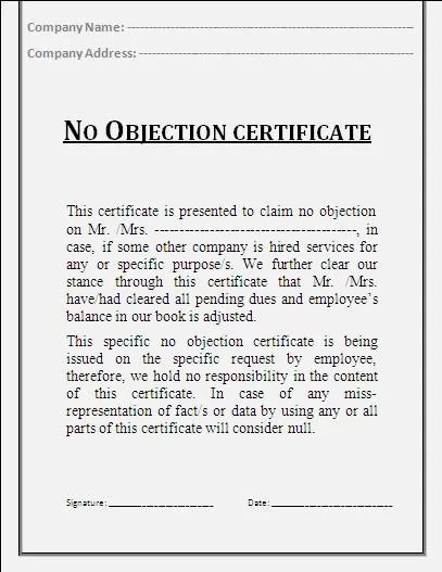No Objection Certificate Templates